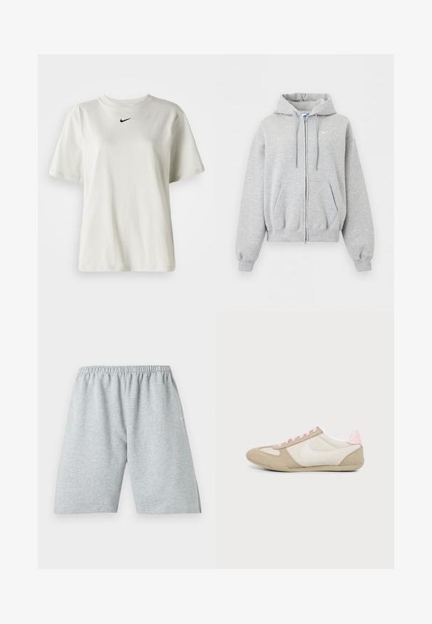 Lichtgrijze hoodie met ritssluiting, voorzakken, aantrekkoordje in de capuchon, geribde boorden en zoom en klein wit Nike-logo op de borst.; Witte katoenen t-shirt met een ronde halslijn en korte mouwen. Heeft een klein zwart Nike-logo op de borst. Eenvoudig en onopgesmukt ontwerp.; Lichtgrijze atletische shorts tot over de knie met elastische tailleband en klein wit logo op het linkerbeen.; Beige en witte sneaker met roze veters en hiel detail, met een wit Nike swoosh-logo aan de zijkant, gezien van binnenuit.
