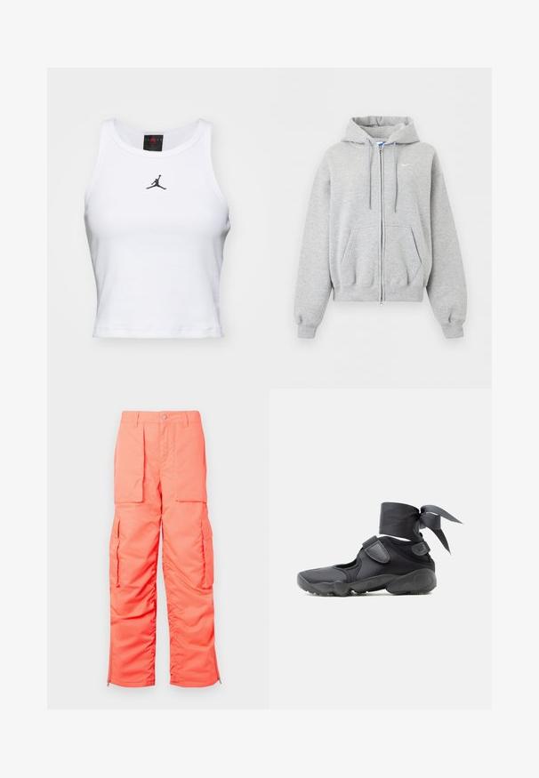 Sudadera con capucha y cremallera en gris claro, con bolsillos delanteros, capucha con cordón, puños y bajo ribeteados, y pequeño logo blanco de Nike en el pecho.; Top corto blanco de algodón con textura acanalada. Cuenta con un logo negro de Jordan en el centro y un clásico escote redondo.; Pantalones cargo coral brillante con múltiples bolsillos grandes, trabillas para cinturón, botón frontal y cremalleras en la parte inferior de cada pierna.; Zapatilla deportiva negra con aberturas, correas de velcro y envoltura en el tobillo atada en un lazo, vista lateral sobre un fondo blanco.