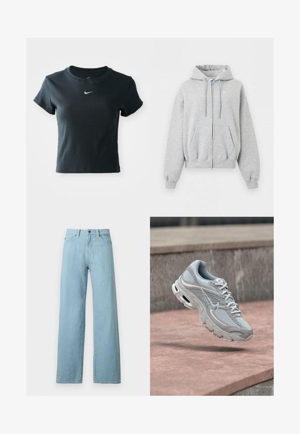 Svetlosivá mikina na zips s kapucňou, prednými vreckami, šnúrkou na kapucni, rebrovanými manžetami a spodným lemom a malým bielym logom Nike na hrudi.; Krátky rukáv, skrátené čierne rebrované tričko s mäkkou textúrou, so malým bielym logom Nike na hrudi.; Svetlomodré džínsy s širokými nohavicami, s predným gombíkom, zipsovým zapínaním a piatimi vreckami na bielom pozadí.; Svetlosivá a biela bežecká obuv Nike s sieťovinou a odpruženou podrážkou, zobrazená vo vzduchu na pozadí betónových schodov.