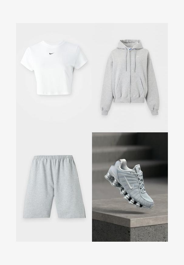 Lysegrå hættetrøje med lynlås foran, forlommer, snørrehætte, ribstrikkede manchetter og kant samt lille hvid Nike-logo på brystet.; Hvid kortærmet t-shirt lavet af bomuld, med korte ærmer og rund halsudskæring, og med et sort Nike-logo på brystet.; Lysegrå, knælange sportsshorts med elastisk talje og lille hvidt logo på venstre ben.; Lysegrå Nike løbesko med polstret, fjedrelignende sål svævende over en betonliste, sløret trappebaggrund.