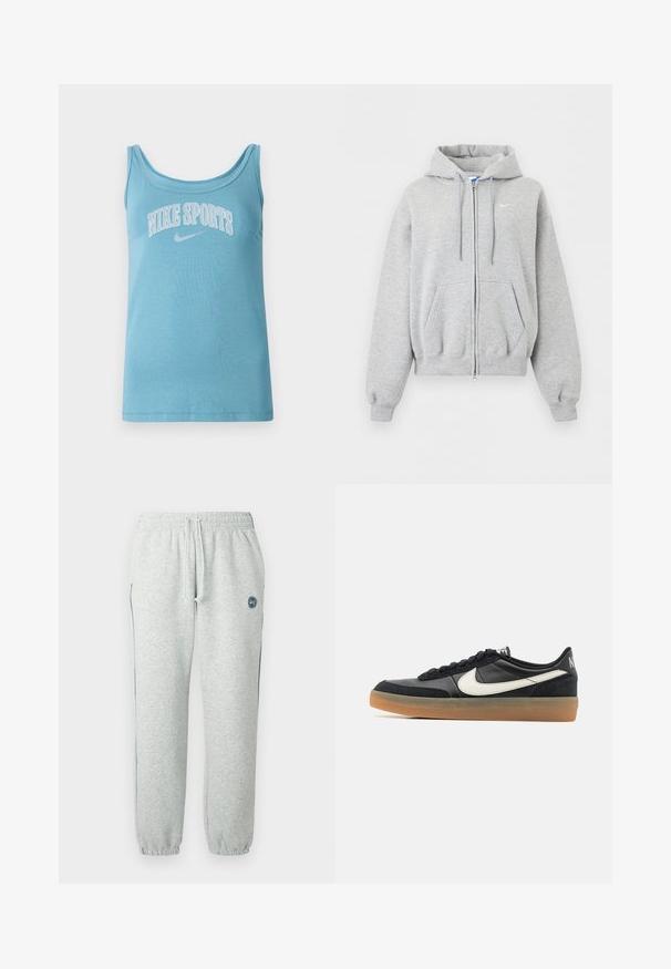 Lichtgrijze hoodie met ritssluiting, voorzakken, aantrekkoordje in de capuchon, geribde boorden en zoom en klein wit Nike-logo op de borst.; Lichtblauw sporttanktop met brede ronde hals, mouwloos ontwerp en "NIKE SPORTS" in witte letters over de borst gedrukt. Zacht katoenmateriaal.; Grijze joggingbroek van zachte stof, voorzien van een elastische tailleband met trekkoord, nauwsluitende boorden en een logodetail op het dijbeen.; Zwarte sportieve schoen met een bovenwerk van textuurleer, witte swoosh-logo en een gumrubberen zool. Vetersluiting met voering bij de kraag voor extra comfort.