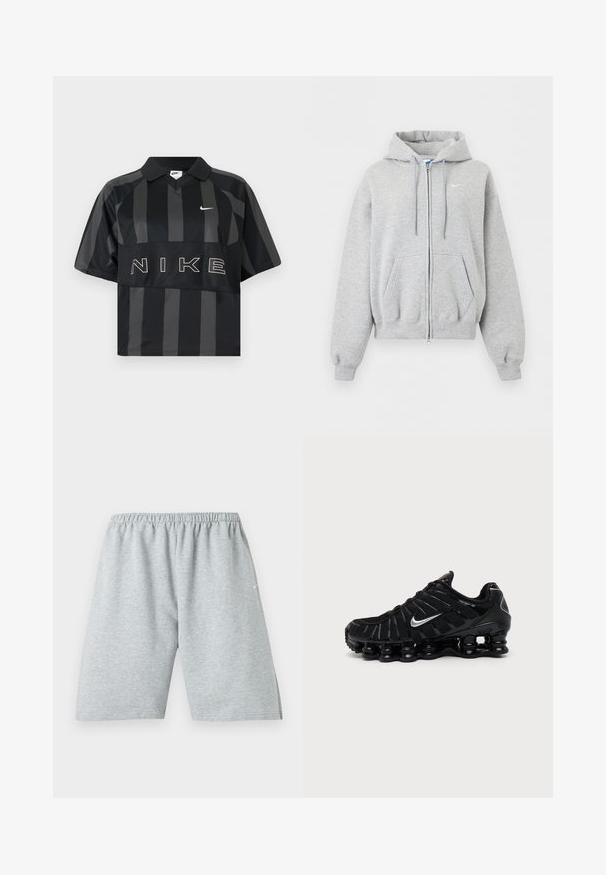 Sweat à capuche gris clair zippé avec poches avant, capuche à cordon, poignets et bas en côte, et petit logo Nike blanc sur la poitrine.; Polo Nike manches courtes à rayures verticales noires et gris foncé, col, virgule Nike blanche et grand texte NIKE sur la poitrine.; Shorts de sport gris clair longueur genou avec taille élastique et petit logo blanc sur la jambe gauche.; Chaussure de sport Nike noire avec logo Swoosh argenté, tige en mesh et synthétique, et semelle coussinée segmentée distinctive.
