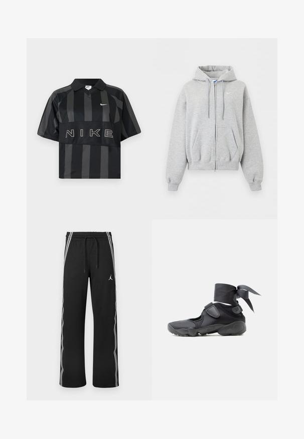 Sweat à capuche gris clair zippé avec poches avant, capuche à cordon, poignets et bas en côte, et petit logo Nike blanc sur la poitrine.; Polo Nike manches courtes à rayures verticales noires et gris foncé, col, virgule Nike blanche et grand texte NIKE sur la poitrine.; Pantalon de sport noir avec des bandes blanches sur les côtés, taille élastique avec cordons de serrage, et un petit logo Jumpman sur la cuisse droite.; Chaussure de sport noire avec des découpes, des brides en velcro et un lacet autour de la cheville noué en un nœud, vue de côté sur un fond blanc.