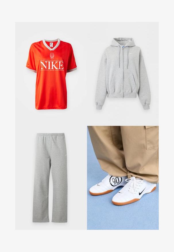 Svetlosivá mikina na zips s kapucňou, prednými vreckami, šnúrkou na kapucni, rebrovanými manžetami a spodným lemom a malým bielym logom Nike na hrudi.; Červený dres Nike s výstrihom do V, šedým lemovaním na rukávoch a veľkým bielym logom "NIKE". Hladká, ľahká tkanina so jemným pruhovaným vzorom.; Svetlosivé tepláky s elastickým pásom a malým bielym logom Nike na hornej časti stehna, zobrazené na bielom pozadí.; Biele športové topánky s prešívaným vzorom, čierny Nike swoosh a výrazná čierna grafika "90" na boku, v kombinácii s khaki nohavicami.