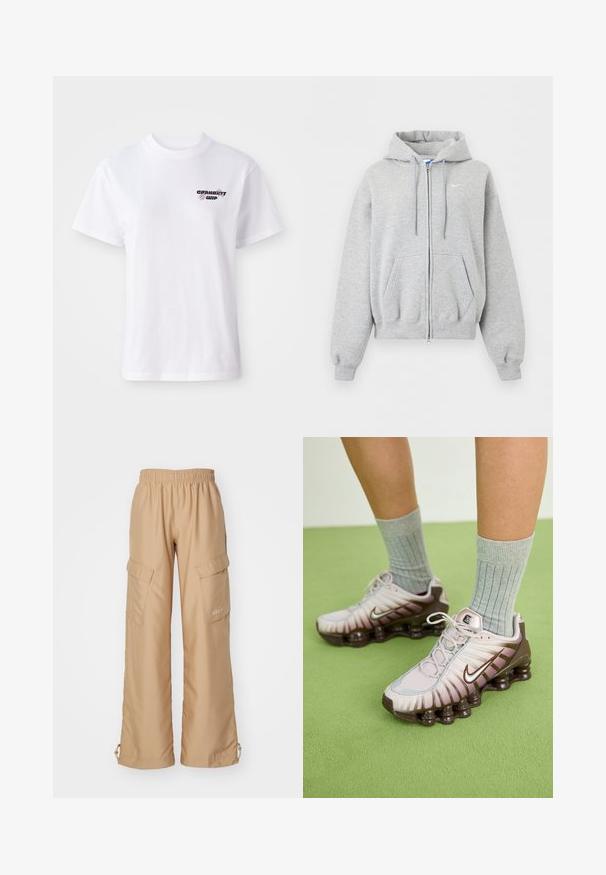 Sweat à capuche gris clair zippé avec poches avant, capuche à cordon, poignets et bas en côte, et petit logo Nike blanc sur la poitrine.; T-shirt blanc à manches courtes et col rond avec un petit logo Carhartt WIP noir et violet sur la poitrine gauche.; Nike Sportswear TREND - Pantalon cargo - hemp; Baskets Nike en rose clair et marron, présentant un dessus texturé, un design superposé et une semelle extérieure amortissante avec des unités d'air visibles.