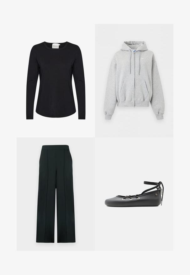 Sudadera con capucha y cremallera en gris claro, con bolsillos delanteros, capucha con cordón, puños y bajo ribeteados, y pequeño logo blanco de Nike en el pecho.; Top negro ajustado de manga larga con escote redondo y etiqueta visible que dice "My Essential Wardrobe" sobre fondo blanco.; Pantalones negros de pierna ancha hechos de tela suave, con cintura alta, pliegues verticales y sin herrajes visibles ni bolsillos.; Bailarina negra mate con cordones delanteros para anudar en el tobillo y un pequeño charm metálico con el logo en el talón.