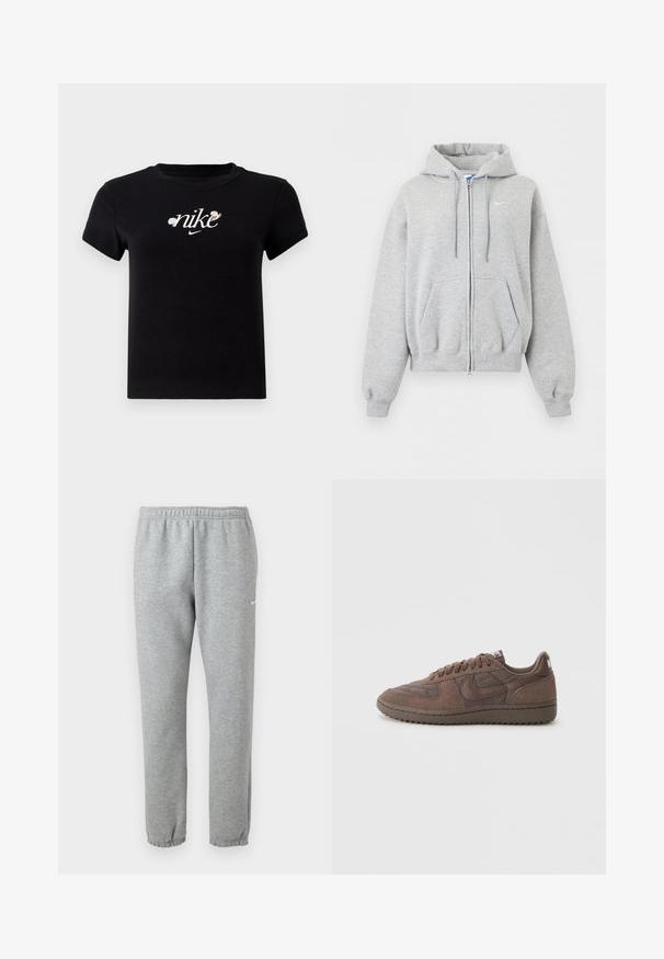 Helehall tulev lukuga pusas esitaskute, paeltega kapuutsi, soonikutega varruka- ja alaäärega ning väike valge Nike logo rinnal.; Must mustar t-särk lühiäistegadega, ümmarguse kaelusega ja keskel valge "nike" logo, millel on lillemustrid.; Heledast hallid Nike dressipüksid elastsest vööst ja mansettidega, väike valge Nike swoosh logo vasaku reie ülaosas.; Pruun nubukist spordijalats, millel on tekstureeritud ülemine osa, ümar varvas ja lame nöör. Omab kummist tallat ja diskreetset logoaktsenti kandadel.
