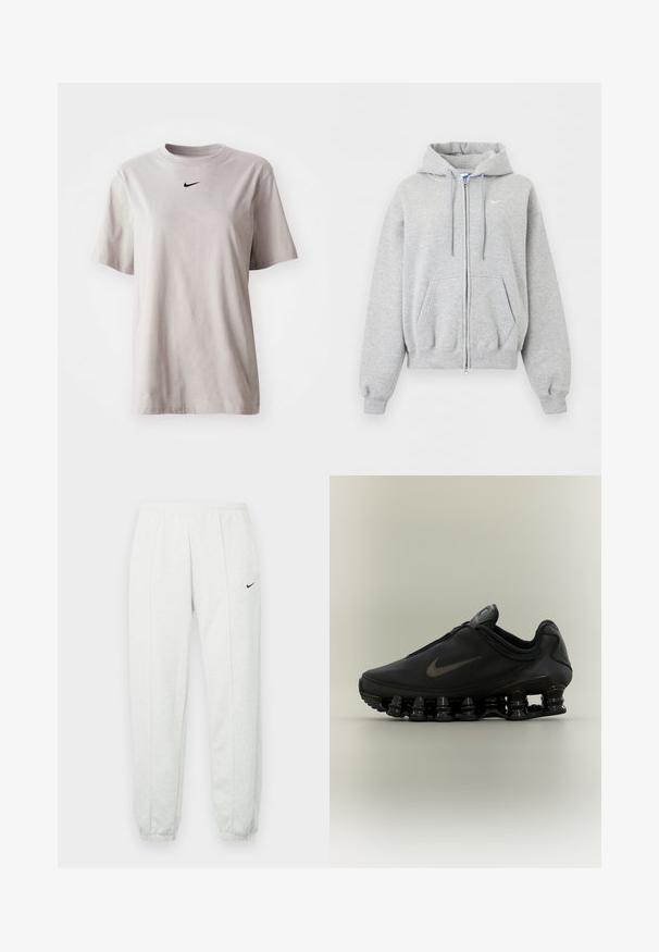 Lysegrå hættetrøje med lynlås foran, forlommer, snørrehætte, ribstrikkede manchetter og kant samt lille hvid Nike-logo på brystet.; Lys grå bomulds t-shirt med rund hals og korte ærmer. Har et lille sort Nike-logo på brystet. Enkel design, ensfarvet.; Lysegrå Nike joggingbukser med elastisk taljebånd, tilspidsede manchetter og et lille sort logo på venstre lår. Blødt, tekstureret stof.; Sort Nike-sneaker med lynlåsfunktion øverst og karakteristisk fjederlignende opdelt sål, vist i sideprofil mod en neutral baggrund.