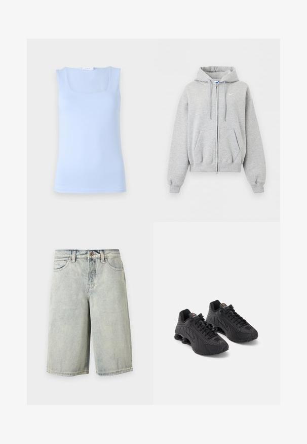 Vaaleanharmaa vetoketjullinen huppari etutaskuilla, kiristysnarulla varustettu huppu, resorit hihansuissa ja helmassa sekä pieni valkoinen Nike-logo rinnassa.; Vaaleansininen hihaton paita, jossa on neliömäinen pääntie, valmistettu sileästä kankaasta, jossa on tiukka malli ja minimalistinen siluetti.; Vaaleansiniset, denimiä olevat polvipituudet shortsit, joissa on etunappilista, vetoketju, vyölenkit ja taskut neutraalilla taustalla.; Mustat urheilu kengät, joissa on sileä synteettinen päällinen, teksturoituja yksityiskohtia, nauhakiinnitys ja näkyvä joustovarustus kantapäällä.