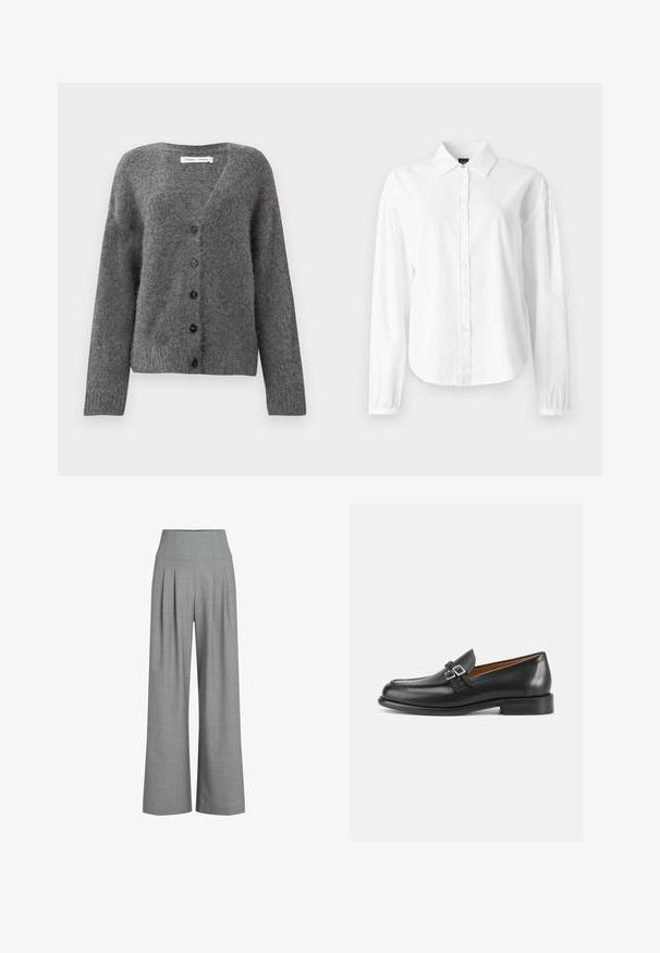 Cardigan gris en matière douce et texturée ; présente un col en V, des boutons noirs et de longues manches avec des poignets côtelés.; Chemise blanche à manches longues avec col, boutonnage devant et poignets froncés. Fabriquée en tissu doux et léger avec une texture lisse.; Pantalons larges plissés gris avec une taille haute, fabriqués à partir d'un tissu texturé, présentant une finition lisse et des lignes épurées.; Mocassins en cuir noir avec un design cousu, comportant un double accent boucle et un talon légèrement surélevé pour plus de hauteur.