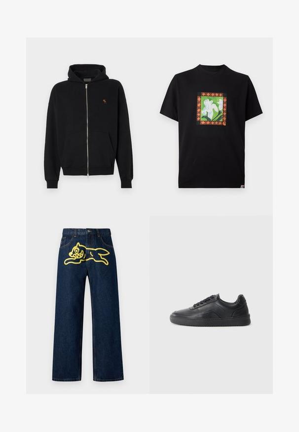 Sort zip-up hoodie lavet af blødt stof, med en kangaroo-lomme, ribbede manchetter og et lille broderet logo på brystet.; Sort t-shirt med korte ærmer med et centralt firkantet grafisk motiv af hvide blomster, grønne stængler og en orange geometrisk kant.; Mørkeblå denim jeans med et stort gult grafisk motiv af en springende karakter på baglommen. Lige ben design med standard syninger.; Sorte lædersneakers med en glat finish, rund tå, struktureret sidelæder og sorte snørebånd. Har en flad gummisål og et minimalistisk design.