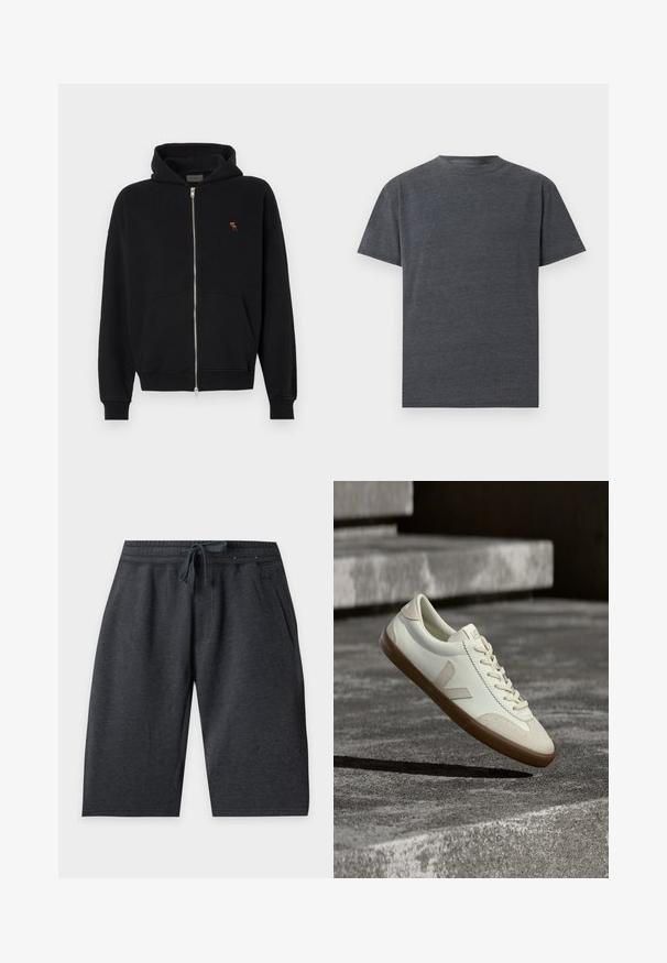 Hoodie zippé noir en tissu doux, avec une poche kangourou, des poignets côtelés et un petit logo brodé sur la poitrine.; T-shirt gris foncé à manches courtes et col rond, design uni, présenté à plat sur un fond clair.; Shorts gris foncé jusqu'au genou avec taille élastique et cordon à l'avant, avec poches latérales sur fond uni.; Baskets en cuir blanc avec semelle en caoutchouc beige, lacets plats et accent en forme de V sur le côté. Présentent une surface lisse et peu de détails de couture.
