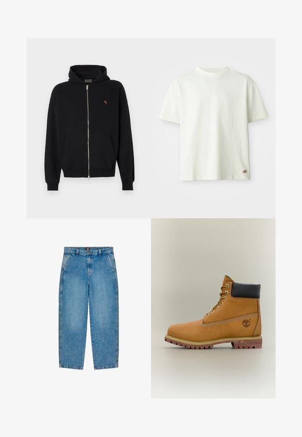 Sort zip-up hoodie lavet af blødt stof, med en kangaroo-lomme, ribbede manchetter og et lille broderet logo på brystet.; Hvid bomulds T-shirt med rund hals, korte ærmer og en afslappet pasform. Har et lille logotag i siden. Glat tekstur.; Lyseblå denim jeans med lige ben design. Har forlommer, lynlås og kontrastsyninger langs sømmene.; Brun læderankelstøvle med sort krave, gule snørebånd og tanfarvet sål. Har logo og hvide syninger som detalje. Robust ydersål med greb.