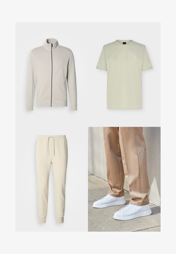 Lichtgrijze jas met rits gemaakt van zachte stof. Heeft een hoge kraag, lange mouwen en een subtiel logodetail op de borst.; Lichtbeige T-shirt met korte mouwen en ronde hals, met subtiel geperst "BOSS"-logo op de borst en een zwart label in de hals.; Crèmekleurige joggingbroek met een tailleband met trekkoord, taps toelopende pijpen en geribbelde boorden. Gemaakt van zacht, gestructureerd materiaal. Geen patronen of accenten.; Witte leren sneakers met een gladde afwerking, ronde neuzen, witte veters en een minimalistisch ontwerp. Draag ze met lichtbruine, taps toelopende broeken.