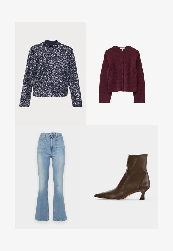 Bordeaux geknipte cardigan van zachte, textuurstof met een ronde halslijn en zes knopen aan de voorkant, met lange mouwen en een eenvoudig ontwerp.; Marineblauwe paillettenblouse met lange mouwen, hoge kraag en een rits aan de achterkant. Heeft een textuur met dicht op elkaar geplaatste glanzende pailletten.; Lichtblauwe flared jeans met een hoge taille, vijf zakken en een subtiele vervaging bij de zoom. Gemaakt van denim katoenen stof.; Bruine leren enkellaars met puntige neus en lage, gebogen hak op een lichte achtergrond.