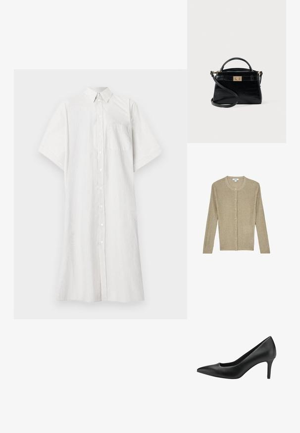 Cárdigan beige de manga larga con textura acanalada, cuello redondo y botones delanteros, hecho de tejido suave y texturizado.; Vestido camisa blanco de manga corta con botones, con sutiles rayas verticales, bolsillo frontal y cuello clásico, extendido sobre un fondo blanco.; Zapato de tacón alto de cuero negro con punta afilada, que presenta un diseño recortado y un tacón de aguja delgado. Textura suave y silueta elegante.; Bolso pequeño negro con textura de cocodrilo, cierre de giro dorado, asa corta y correa larga para hombro desmontable sobre fondo neutro.