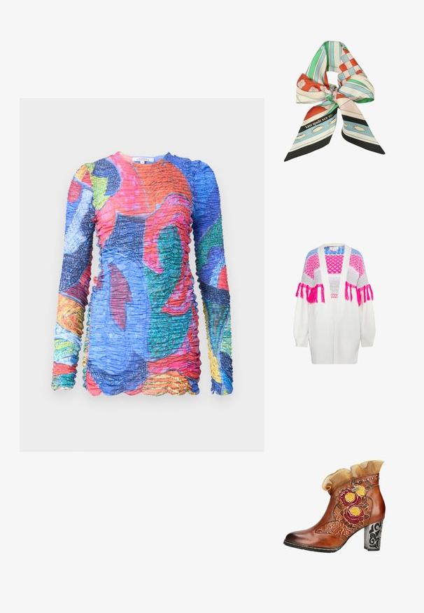 Hvid strikket cardigan med et farverigt mønster ved skulderen i pink, grå og blå, med frynse-detaljer på ærmerne og en afslappet pasform.; Multifarvet langærmet kjole med samlet tekstur. Har livlige mønstre i blå, rød, grøn og gul nuancer. Kant med bølger.; Brun læderankelstøvle med blomstret broderi, dekorative nitter, flæset stofkant og udsmyttet sort mønstret blokhælk.; Silseskørt bundet som en sløjfe med farverige geometriske, blomstertegn og teksten "kate spade NEW YORK" i den ene ende.