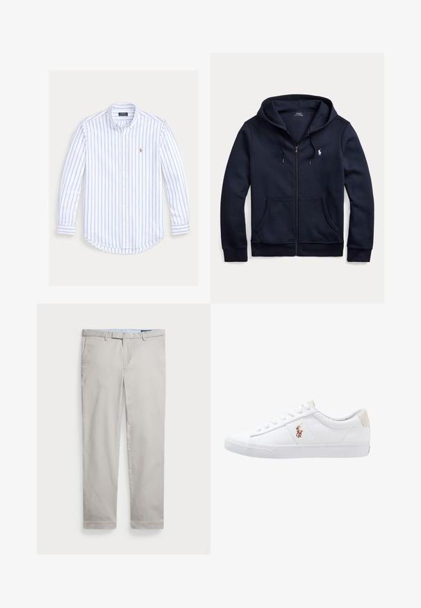 Sudadera con capucha azul marino con cremallera, cordones, bolsillos delanteros y un pequeño logo Polo Ralph Lauren bordado en blanco en el lado izquierdo del pecho.; Camisa de manga larga con botones, con rayas verticales azul claro y un pequeño logo bordado en el pecho izquierdo.; Pantalones de algodón color beige claro con un diseño de pierna recta, lazos para cinturón, bolsillos laterales y un acabado limpio en el dobladillo. Textura suave, con detalles mínimos.; Zapatilla de lona blanca con diseño de corte bajo, que cuenta con un taco trasero beige y un pequeño logo bordado en el costado. Suela de goma.