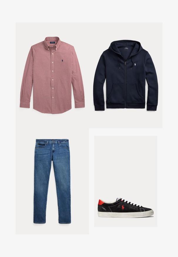 Tmavomodrá mikina na zips s kapucňou, sťahovacími šnúrkami, prednými vreckami a malým bielym vyšívaným logom Polo Ralph Lauren na ľavej strane hrudníka.; Dlhý rukáv červeno-biela kockovaná košeľa s golierom a modrým vyšitým logom na ľavej strane hrudníka.; Modré rifle z denimu s úzkym strihom, s prednými vreckami, očkami na opasok a zapínaním na gombík na bielom pozadí.; Čierne semišové tenisky s bielymi šnúrkami, červenými akcentmi na päte a malým červeným logom. Obsahujú plochú gumovú podrážku a jednoduché prešívanie.