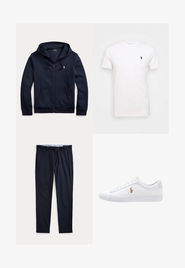 Marineblå hettegenser med glidelås, snorer, frontlommer og en liten hvit brodert Polo Ralph Lauren-logo på venstre bryst.; Hvit bomull t-skjorte med rund hals. Har en liten mørkeblå logo på venstre bryst. Korte ermer, glatt tekstur.; Marineblå herrebukser med beltehemper, glidelås og sidelommer, lagt flatt på en hvit bakgrunn.; Hvite lerretssko med lav topp, med en beige hæltab og en liten brodert logo på siden. Gummisåle.