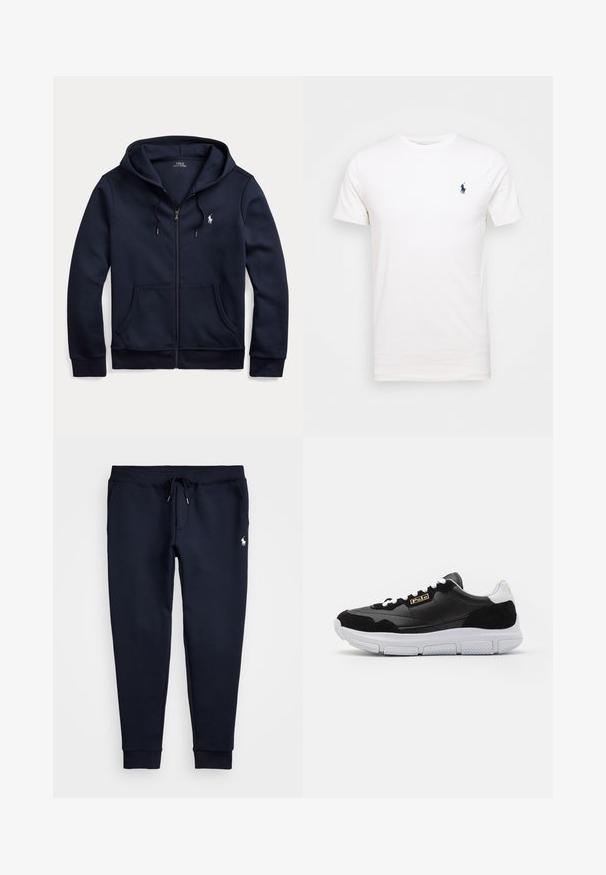 Mørkeblå hættetrøje med lynlås, snore, forlommer og en lille hvid broderet Polo Ralph Lauren-logo på venstre bryst.; Hvid bomulds t-shirt med rund hals. Har et lille mørkeblå logo på venstre bryst. Korte ærmer, glat tekstur.; Navyblå joggingbukser med snøre i taljen, sidelommer, manchetter ved anklerne og lille hvid hestelogo på højre lår.; Sort sneaker med en overdel i læder og ruskind, hvid sål og kontrasterende detaljer. Har et guld-logo og snørelukning.