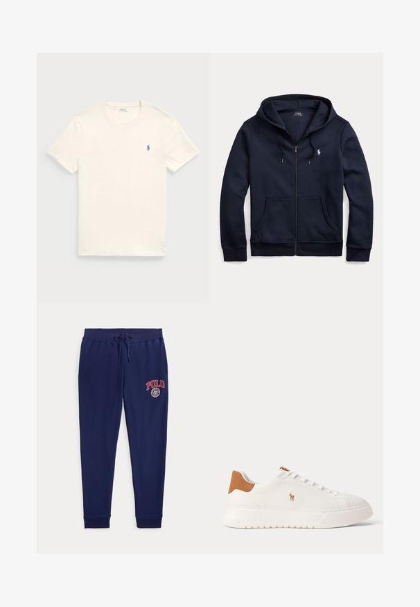 Navy blauwe hoodie met rits en trekkoorden, voorzakken en een klein wit geborduurd Polo Ralph Lauren-logo op de linkerborst.; Crème-kleurig katoenen t-shirt met een ronde hals en korte mouwen. Heeft een klein blauw geborduurd logo op de linkerborst.; Marineblauwe joggingbroek met trekkoord in de taille en rood "POLO" logo en embleem op de bovenste linker dij.; Witte lage sneaker met beige hieltab, witte veters en klein geborduurd polo spelerlogo aan de zijkant boven een dikke zool.
