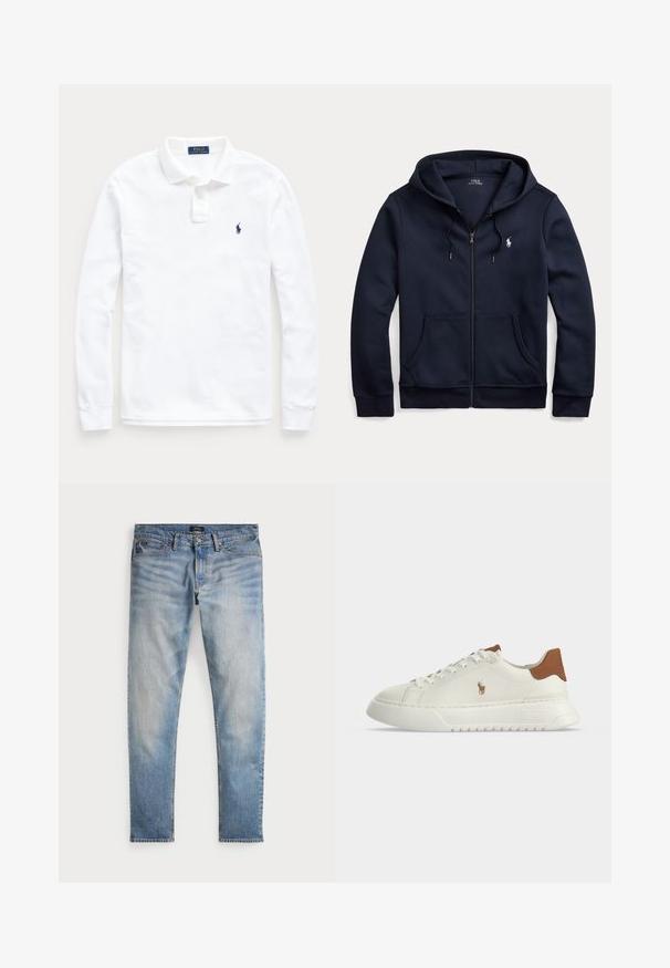 Tmavomodrá mikina na zips s kapucňou, sťahovacími šnúrkami, prednými vreckami a malým bielym vyšívaným logom Polo Ralph Lauren na ľavej strane hrudníka.; Biela polo košeľa s dlhým rukávom, golierom, dvojgombíkovou légou a malým tmavomodrým vyšitým logom koňa na ľavej hrudi.; Svetlomodré denimové nohavice s bledým povrchom, dizajnom na päť vreciek a kontrastným prešívaním. Obsahujú zips a pútka na opasok. Rovný strih.; Biely nízky teniska s hnedou pätkou, šnurovaním vpredu, hrubou podrážkou a malým vyšívaným logom koňa na boku.