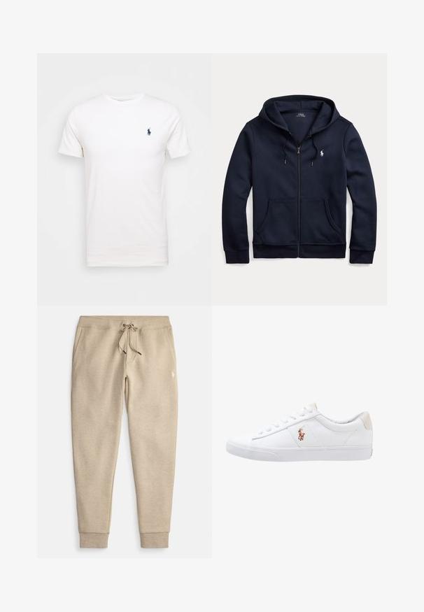 Tmavomodrá mikina na zips s kapucňou, sťahovacími šnúrkami, prednými vreckami a malým bielym vyšívaným logom Polo Ralph Lauren na ľavej strane hrudníka.; Biela bavlnená tričko s okrúhlym výstrihom. Na ľavej strane hrude je malé tmavomodré logo. Krátke rukávy, hladká textúra.; Béžové teplákové nohavice z mäkkej tkaniny, s nastaviteľným pásom na šnúrku, bočnými vreckami a rebrovanými manžetami. Na stehne sa nachádza malé logo.; Biele plátenné tenisky s nízkym strihom, ktoré majú béžový opasok na päte a malé vyšívané logo na boku. Gumová podrážka.