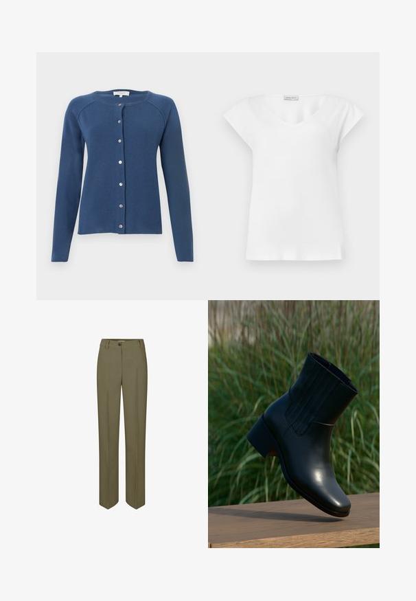 Cardigan bleu en tricot doux, présentant un col rond, des manches longues et une fermeture à boutons sur le devant avec des boutons en métal argenté.; Blouse blanche à manches courtes avec un col rond et une petite étiquette de marque près du col.; Pantalons ajustés vert olive avec une jambe droite, fermeture à un bouton et deux plis avant, présentant une texture lisse et tissée.; Bottine en cuir noir avec un bout arrondi et un talon modeste. Présente des coutures verticales sur le côté, une texture lisse et une silhouette élégante.
