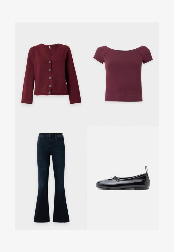 Bordeaux cardigan gemaakt van zachte gebreide stof, met een V-hals, lange mouwen en zes bruine knopen aan de voorkant, met een geribbelde zoom.; Kort topje met korte mouwen, off-shoulder, in effen donkerbordeaux stof met geribde zoom en halslijn.; Donkerblauwe uitlopende jeans van denim, met een hoge taille, standaardzakken en subtiele vervaging op de stof.; Zwarte gepoetste leren balletschoenen met een ronde neus, een klein strikje en een gladde textuur; heeft een lage platte zool en een lusje aan de hiel.