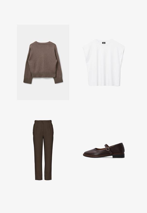 Pull en tricot marron avec un design court, un ourlet et des poignets côtelés, un col rond, et une texture qui semble douce et chaude.; Haut court blanc sans manches à encolure ronde avec épaules larges et étiquette noire "B6" à l'intérieur du col.; Pantalon marron sur mesure en tissu texturé. Doté d'un pli avant, d'une fermeture à bouton et d'une coupe droite, conçu pour un ajustement slim.; Chaussure plate Mary Jane marron foncé avec bout arrondi, bride réglable, boucle argentée et petit talon empilé sur fond blanc.