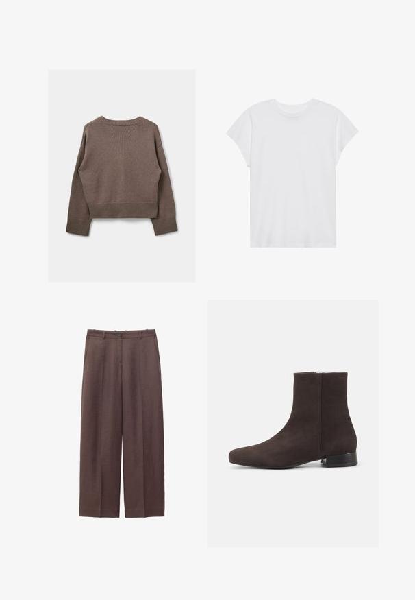 Bruine gebreide trui met een cropped ontwerp, geribde onderrand en manchetten, ronde halslijn en een textuur die zacht en warm aanvoelt.; Witte t-shirt met korte mouwen, ronde hals, relaxte pasvorm, gemaakt van zacht katoen. Glad textuur, geen patronen of logo's.; Bruine wijde broek met riemlussen, knoop aan de voorkant, ritssluiting en zijzakken.; Donkerbruine suède enkellaars met lage blokhak en zijrits, strak afgeronde neus, op een effen lichte achtergrond.