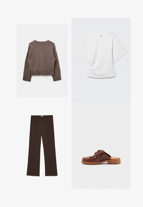Suéter marrón de punto con un diseño corto, dobladillo y puños de canalé, escote redondo y una textura que aparenta ser suave y cálida.; Camiseta blanca oversized de manga corta con cuello redondo mostrada sobre un fondo gris claro.; Pantalones marrones de pierna ancha confeccionados en una tela suave; presentan pliegues frontales y una cinturilla estándar. Diseño minimalista sin cierre visible.; Zapato marrón de cuero tipo mocasín sin cordones, con lazos decorativos, ojales dorados y suela de goma texturizada.