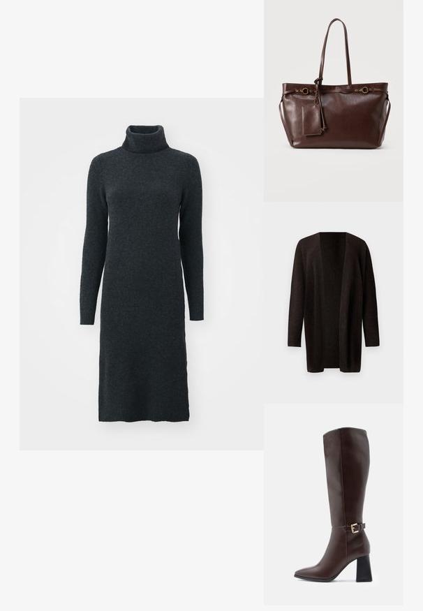 Mørkebrun åbent-front cardigan lavet af et blødt, tekstureret stof. Har lange ærmer og en afslappet, oversize silhuet.; Mørkegrå turtleneck strikkjole i blødt strikmateriale, med lange ærmer og en tætsiddende silhuet, der går til midt på lægge.; Brune læder knæhøje støvler med spids tå, blokhæl og et guldspænde som accent på siden. Glat tekstur og elegant design.; Mørkebrun lædertaske med to lange håndtag, dekorative guldringe og fastgjort rektangulær pung med lynlås.