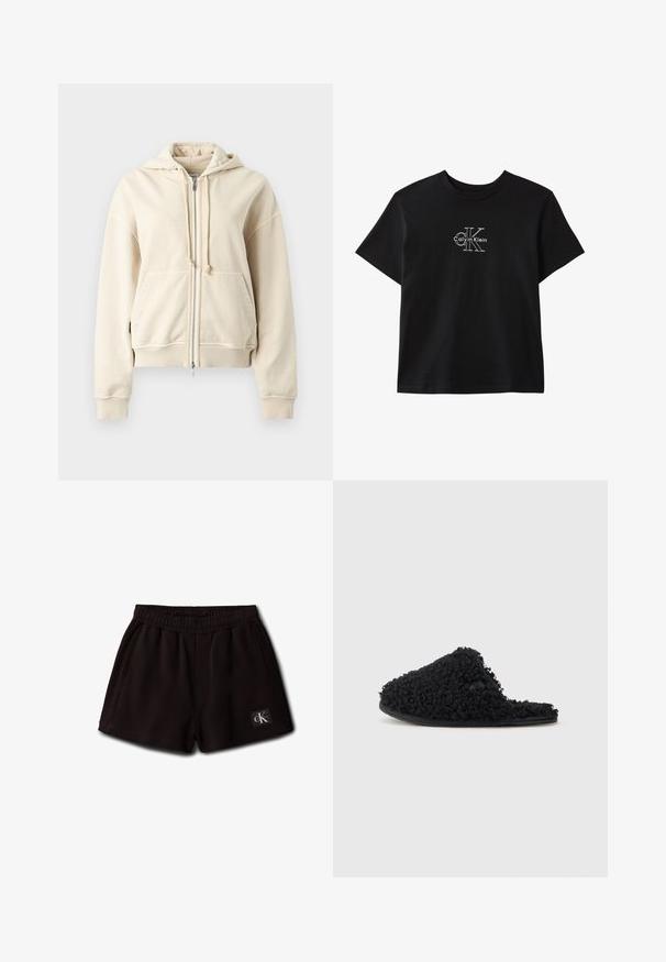 Beige Kapuzenjacke mit Reißverschluss, Kordelzügen, Fronttaschen, gerippten Bündchen und Saum, auf einem schlichten hellgrauen Hintergrund dargestellt.; Schwarzes T-Shirt mit kurzen Ärmeln und Rundhalsausschnitt mit weißem Calvin Klein "CK"-Logo mittig auf der Brust.; Schwarze elastische Shorts mit Seitentaschen und einem kleinen Calvin Klein Logo-Patch vorne unten links.; Schwarze Slides aus strukturiertem Stoff mit einem flauschigen Äußeren, offener Zehenpartie und einer flachen Gummisohle. Einfaches, minimalistisches Design.