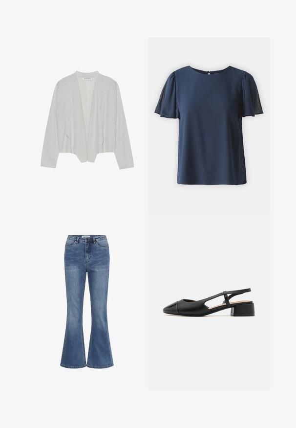 Lichtgrijze open voorkant cardigan, gemaakt van een gestructureerde, glanzende stof. Heeft lange mouwen en een losse pasvorm. Etiket: Anna Field.; Navyblauwe blouse met korte, doorzichtige mouwen en een ronde halslijn. Glad stof met een subtiele glans, voorzien van een keyhole-sluiting aan de achterkant.; Blauwe denim jeans met een hoge taille, sluiting met een knoop en rits aan de voorkant, en licht uitlopende broekspijpen.; Zwarte leren slingback schoen met puntige neus, kleine blokhak, uitsnijdingen en een gladde textuur. Geaccentueerd met een glanzende neuwekappen.