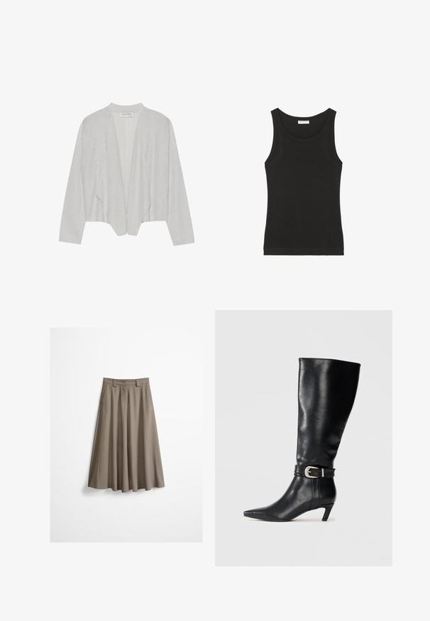 Lichtgrijze open voorkant cardigan, gemaakt van een gestructureerde, glanzende stof. Heeft lange mouwen en een losse pasvorm. Etiket: Anna Field.; Zwarte mouwloze tanktop van zachte katoen, met een ronde hals en een getailleerd silhouet. Eenvoudig ontwerp zonder zichtbare patronen of accenten.; Taupekleurige A-lijn midi-rok met ceintuurlussen en een verborgen voorzijde sluiting, weergegeven tegen een witte achtergrond.; Zwarte leren kniehoge laars met een spitse neus en een lage kittenheel, voorzien van een decoratieve zilveren gesp bij de enkel. Gladde textuur.