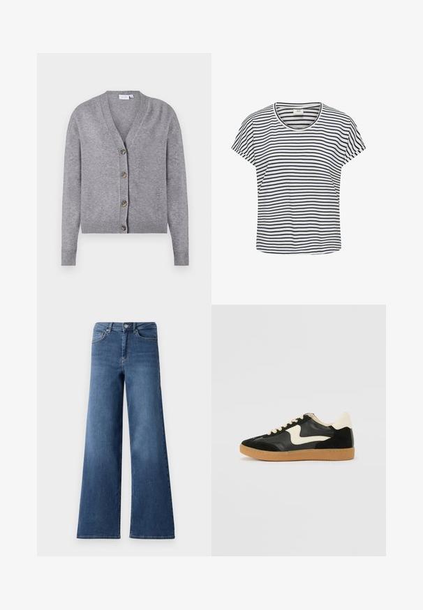 VILA VIRIL V-NECK KNIT CARDIGAN - NOOS - Cardigan - medium grey melange; Stribet T-shirt i hvid og navy, lavet af blødt stof. Har en rund halsudskæring og korte ærmer med en afslappet pasform.; Bredde ben blå denimjeans med en standard talje, forlommer og en glat tekstur. Ingen synlige mønstre eller udsmykninger.; Sorte ruskinds- og lædersneakers med en cremefarvet side-swoosh og lys cremefarvet hæl. Har beige snørebånd og en gummirubber-sål.