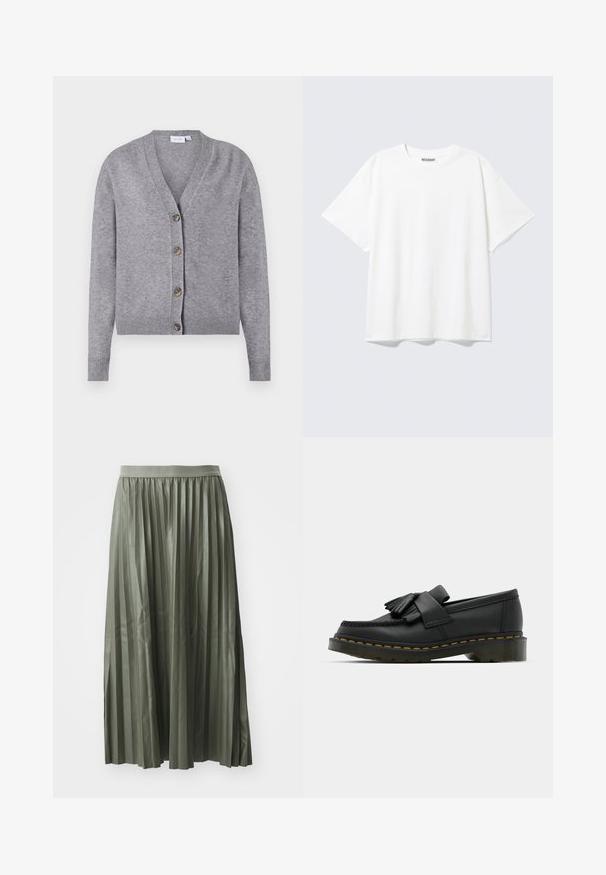 VILA VIRIL V-NECK KNIT CARDIGAN - NOOS - Kardigan - medium grey melange; Valge lühikeste varrukatega t-särk ümara kaelusega ja lõdva istuvusega, millel on siseküljel kaela tagaküljel "WEEKDAY" silt.; Pleated midi seelik hallikas roheline, valmistatud läikivast kangast. Omab elastset vööd ja ulatub keskmise sääreni, ühtlaste vertikaalsete voldikutega.; Mustad nahast loafers ümmarguse toe ja fribulaga detailiga, millel on dekoratiivne riba ees ja mis on paigutatud paksule kannale.