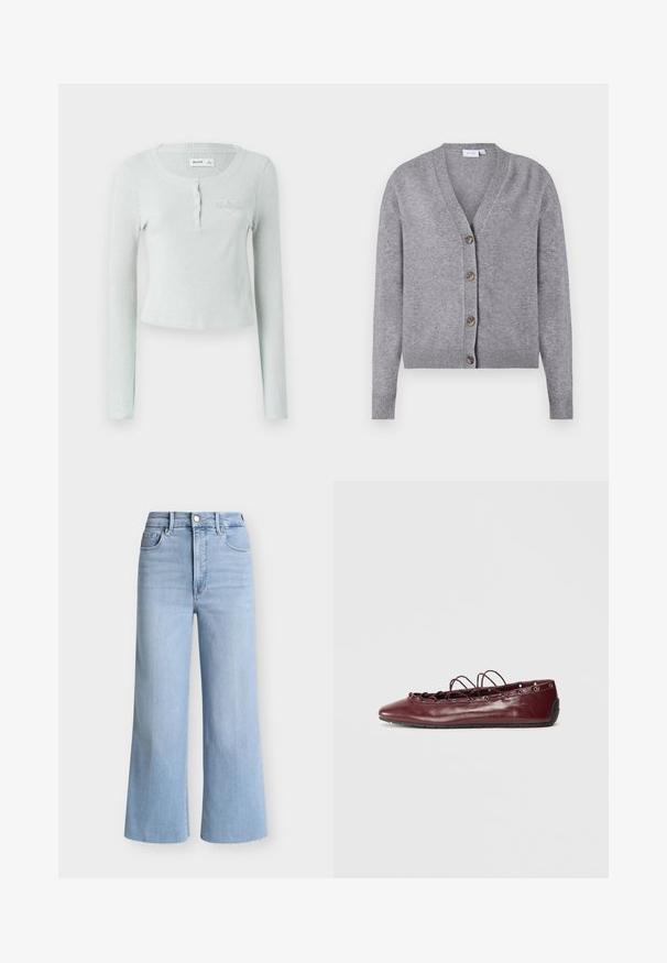 VILA VIRIL V-NECK KNIT CARDIGAN - NOOS - Vest - medium grey melange; Lichtgroene geribde lange mouw top met een ronde halslijn, knoopsluiting en een subtiele geëtste logo op de borst. Zachte textuur.; Lichtblauwe hooggetailleerde jeans met wijde pijpen, voorzien van een knoop- en ritssluiting aan de voorkant, riemlussen, voor- en achterzakken en onafgewerkte zoomranden.; Bordeaux leren ballerina's met een spitse neus, kantdetails aan de voorkant en zilveren oogjes. Zachte zool voor flexibiliteit en comfort.
