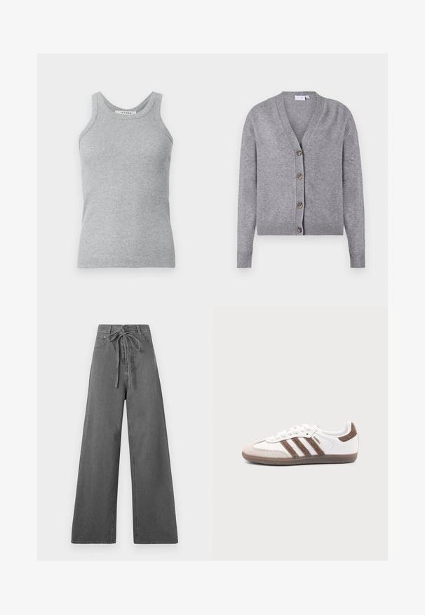 VILA VIRIL V-NECK KNIT CARDIGAN - NOOS - Cardigan - medium grey melange; Grå ribbet tanktop med rund halsudskæring og brede skulderstropper. Stoffet har en blød tekstur og en tætsiddende silhuet.; Grå bred benbukser med en snor i taljen, præsenteret mod en ensfarvet hvid baggrund.; Hvid Adidas Samba sneaker med brune ruskindstriber, brun gummisål og beige ruskindståhætte, vist fra ydersiden på en ensfarvet baggrund.