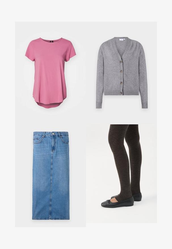 VILA VIRIL V-NECK KNIT CARDIGAN - NOOS - Vest - medium grey melange; Roze T-shirt met korte mouwen, een ronde hals, een ontspannen fit en een iets langere achterzijde. Gemaakt van zachte, gladde stof.; Denim midi rok in lichtblauw, met een rechte silhouet, zijnaad, en standaard taille met vijf riemlussen en een metalen knoopsluiting.; Benen met donkere geribbelde leggings gecombineerd met zwarte ballerina's met kleine strikdetails op een witte achtergrond.