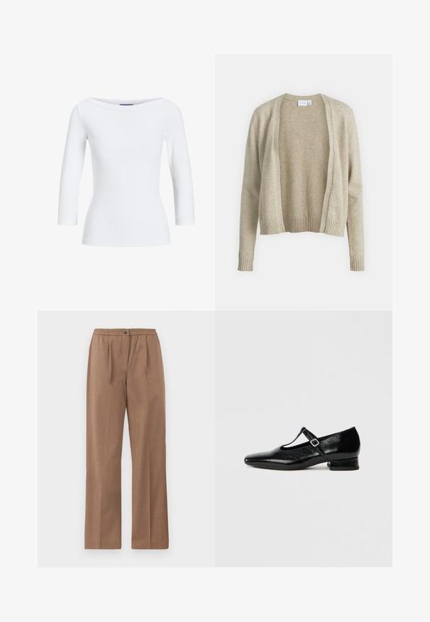Beige strik cardigan med åben front, ribstrikkede manchetter og kant. Blød tekstur, lange ærmer og en afslappet pasform. Letvægtigt stof.; Hvid, ribbet langærmet top med bådudskæring. Stoffet er glat, tætsiddende og har en ren afslutning ved manchetterne og kanten.; Brune, brede bukser med elastisk talje og knaplukning. Glat tekstur med en subtil glans og uden synlige mønstre.; Sorte Mary Jane-sko i læder med spids tå, lille blokhæl og justerbar rem med sølvspænde. Glat, blank tekstur.