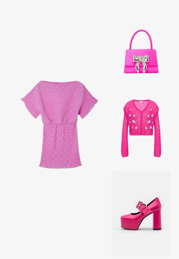 Felroze gebreide cropped cardigan met lange mouwen, knoopsluiting aan de voorkant en kleine witte en blauwe geborduurde bloemen op het borstgedeelte.; Roze geplooide jurk met korte fladdermouwen, versierd met zilveren stippen en een elastische taille voor een ontspannen pasvorm.; LAMODA FORGET ME PLATFORM - Hoge hakken - fuchsia; Roze handtas met een gladde textuur, voorzien van een zilveren hartvormige strikaccent en een gestructureerde rechthoekige vorm. Inklapbare handgreep.