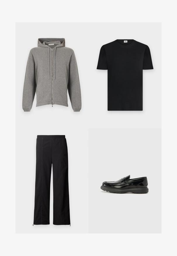 Sudadera con capucha gris claro con cremallera, cordones y bolsillos delanteros, confeccionada en tela de punto suave, mostrada plana sobre un fondo blanco.; Camiseta negra de algodón de canalé con mangas cortas y cuello redondo, con una pequeña etiqueta blanca en el interior del cuello.; Pantalones anchos negros de tela suave, con cintura elástica y cierres ajustables en los tobillos. Presenta detalles de costura en contraste.; Mocasín de cuero negro con un acabado brillante, punta redondeada, detalles de costura sutiles y una suela de goma gruesa para mayor durabilidad.