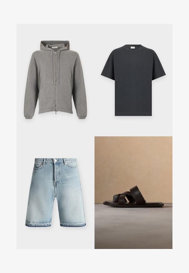 Hellgrauer Kapuzenpullover mit Reißverschluss, Kordelzügen und Fronttaschen, aus weichem Strickstoff gefertigt, flach auf weißem Hintergrund präsentiert.; Schwarzes T-Shirt mit kurzen Ärmeln und Rundhalsausschnitt, gerade Saum, flach auf hellem grauem Hintergrund dargestellt.; Hellblaue Jeansshorts mit Knopf- und Reißverschluss, Gürtelschlaufen, Vordertaschen und fransigen Säumen auf einfarbigem Hintergrund.; Schwarze Leder-Sandale mit flachem Absatz und drei überkreuzten Riemen, schwebend über einem gewebten Teppich aus Naturfasern.