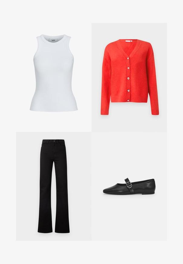 Roter V-Ausschnitt-Cardigan mit langen Ärmel und fünf dekorativen silbernen Knöpfen auf der Vorderseite, auf einem schlichten Hintergrund präsentiert.; Weißes, geripptes Tanktop mit runder Ausschnittform und ärmellosem Design. Hat eine Slim-Fit-Passform und eine weiche Textur, ideal zum Lagenlook.; Schwarze Jeans mit hohem Bund und geradem Bein, vorn mit Taschen, Gürtelschlaufen, Knopfverschluss und leicht ausgestellten Säumen auf weißem Hintergrund.; Schwarzer Lederflatschuh mit runder Zehenform, einem verstellbaren Schnallenriemen und einer glatten, glänzenden Oberfläche. Minimalistisches Design mit einem niedrigen Absatz.