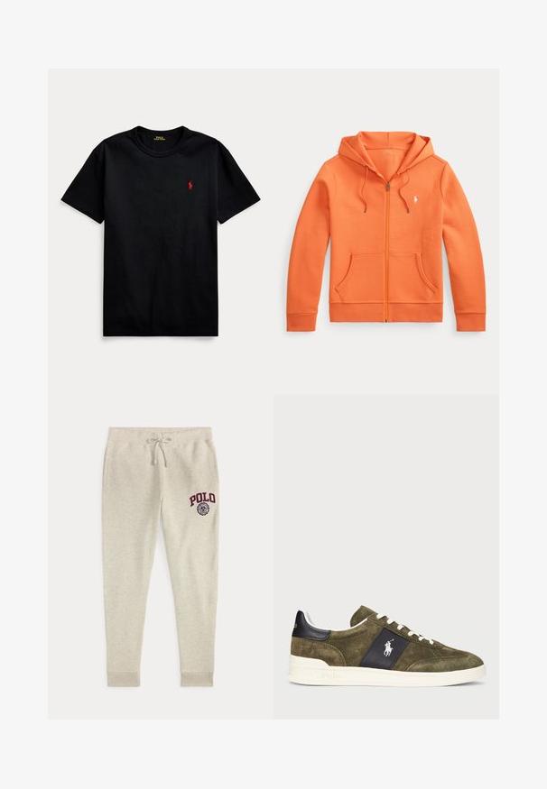 Oranje hoodie met rits, voorzakken, trekkoord in de capuchon en klein wit Polo-logo op de linkerborst, plat gelegd op een witte achtergrond.; Zwarte katoenen t-shirt met korte mouwen, ronde hals en klein rood geborduurd logo op de linkerborst. Gladde textuur, casual design.; Beige joggingbroek met trekkoord, zijzakken en rood "POLO"-logo en embleem op de bovenste linker dij.; Olijf groene suède sneakers met een marineblauwe accentpaneel, witte veters en een logo. Met een gestructureerd oppervlak en een witte rubberen zool.