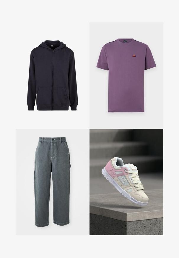 Sort fuld-zip hoodie med frontkænguru-lomme, snoretræk i hætten og ribbede manchetter, præsenteret mod en hvid baggrund.; Lilla bomulds T-shirt med rund halsudskæring og korte ærmer. Har et lille broderet logo på brystet og ensartet tekstur.; Mørkegrå lige ben arbejdsbukser med bæltestropper, frontknap og lynlås, sidelommer og en hammerløkke på højre ben.; Hvid og pink DC sneaker med snørebånd, der svæver over en betonrand med trapper i baggrunden.