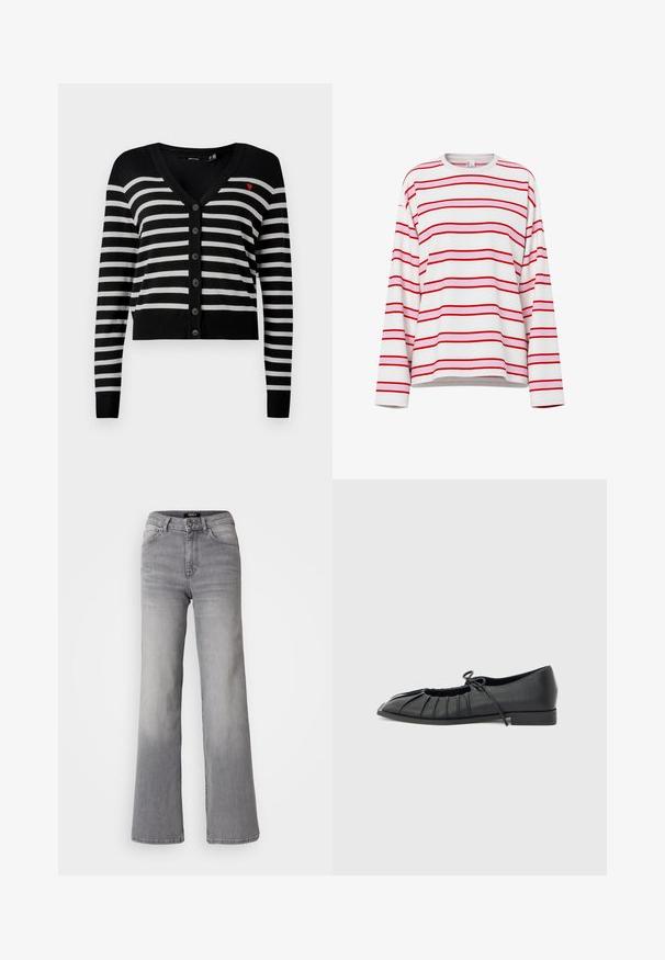 Cardigan à rayures horizontales noir et blanc avec des manches longues et un petit cœur rouge brodé sur la poitrine gauche.; Chemise blanche à manches longues avec des rayures horizontales rouges et rose clair, col rond et coupe décontractée.; Jean en denim gris taille haute à jambes droites avec bouton et fermeture éclair à l'avant, poches avant et arrière, et décoloration sur les cuisses et les mollets.; Chaussure plate noire avec design plissé à l'avant et un nœud noué sur le dessus, petit talon, et texture lisse sur un fond gris clair.